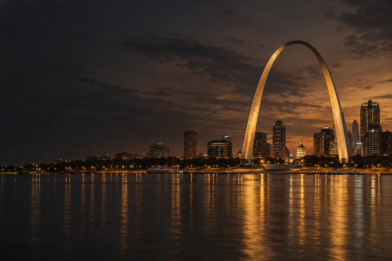 Illustrative view of the Gateway Arch and St. Louis skyline at dusk